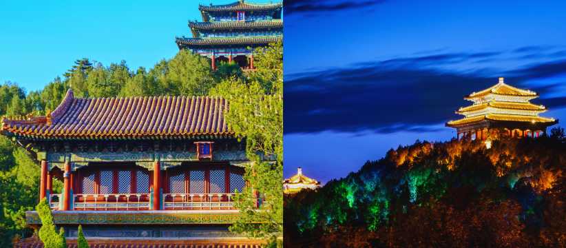 Pabellones tradicionales chinos iluminados en un parque de Pekín, arquitectura histórica y turismo cultural.