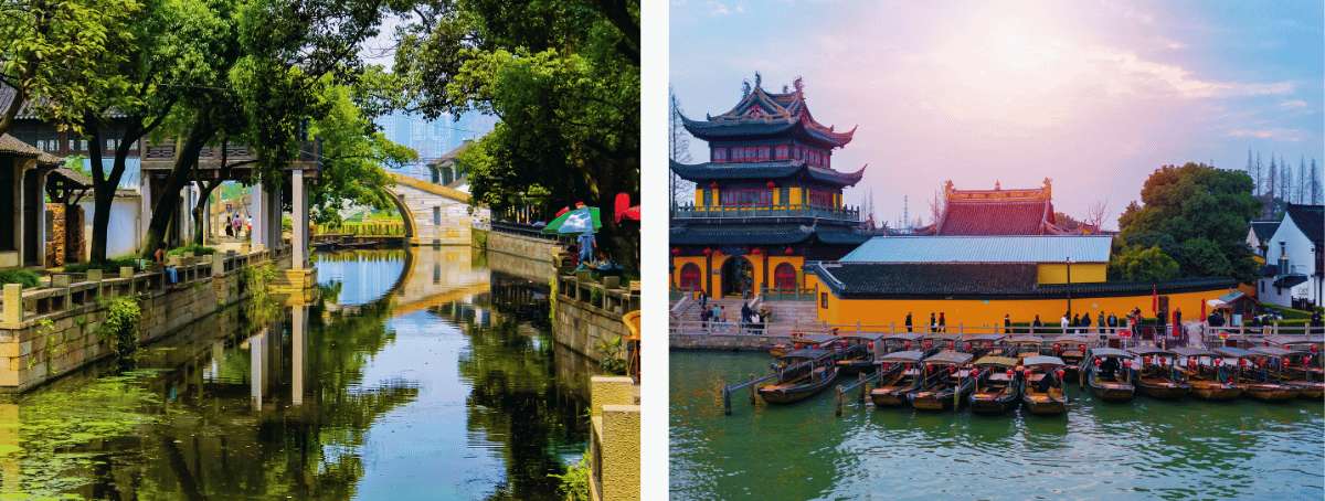 Canal urbano en Suzhou con puente de piedra y zona peatonal junto al agua