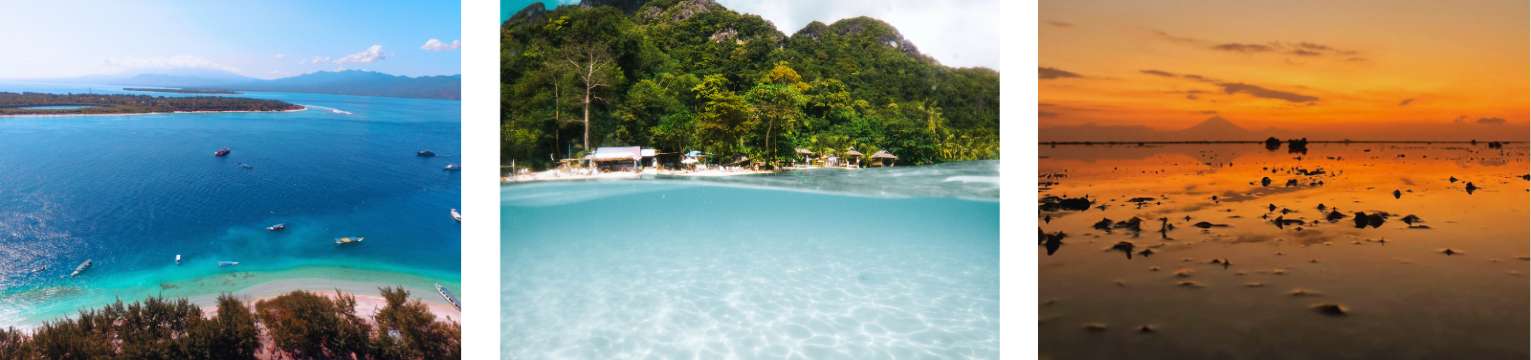 Playas de Lombok con vistas aéreas del mar turquesa, costas tranquilas y atardecer reflejado sobre el agua