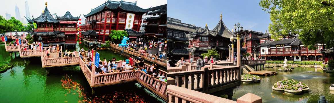 Puentes y edificios tradicionales con visitantes en el área turística de Yuyuan Bazaar en Shanghái.