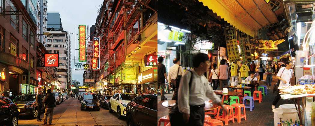 Les rues commerçantes de Hong Kong et son marché de nuit avec ses stands de street food en plein air