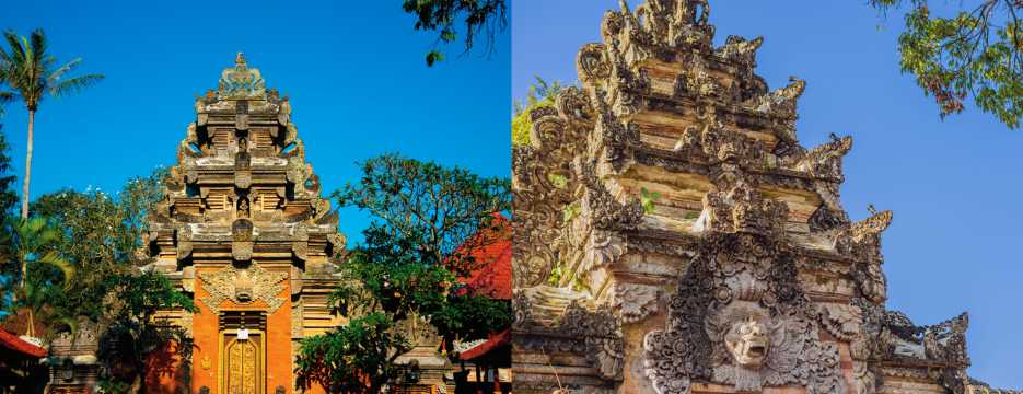 Arquitectura tradicional balinesa con templos de piedra tallada y puertas ceremoniales rodeadas de vegetación tropical