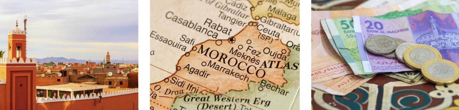 Mapa de Marruecos con ciudades principales como Marrakech, Casablanca, Rabat y Agadir señaladas