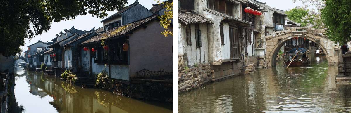 Kanäle, Steinbrücken und traditionelle Häuser in Xitang