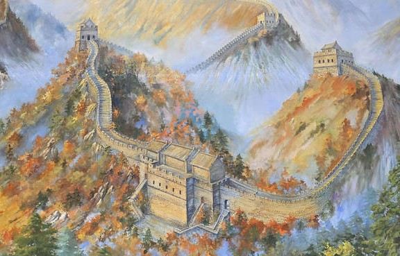 Great Wall of China artwork showing mountain watchtowers