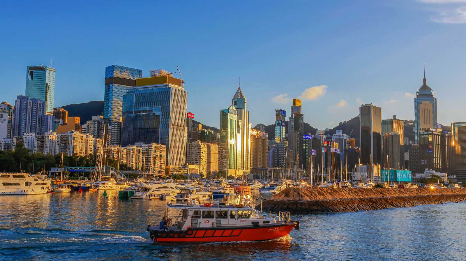 Pilot boat sailing in front of the Hong Kong skyline at sunset, with yachts and illuminated buildings.