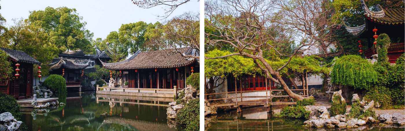 Giardini tradizionali di Suzhou con padiglioni, laghetti e architettura classica cinese immersi nel verde