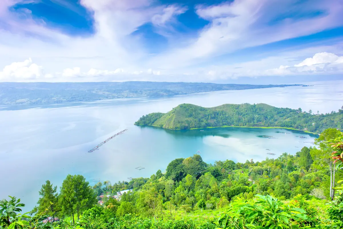A birds eye panoramic view of Lake Toba