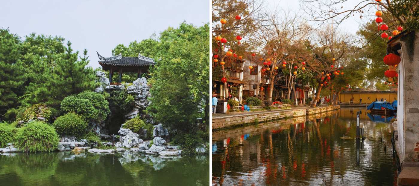 Giardino classico cinese a Suzhou accanto a un canale a Tongli, con lanterne rosse e case tradizionali sull'acqua