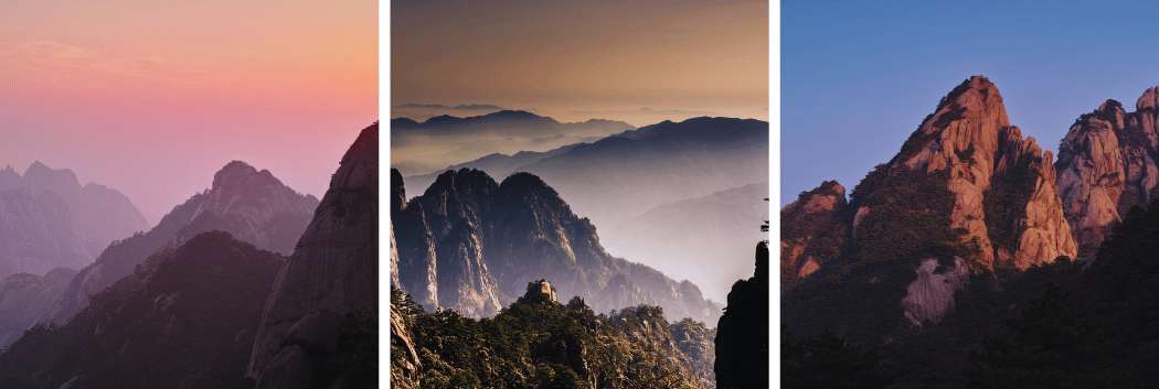 Drei Panoramablicke auf die Sandsteinsäulen von Zhangjiajie inmitten von Wäldern, Nebel und herbstlichen Farben