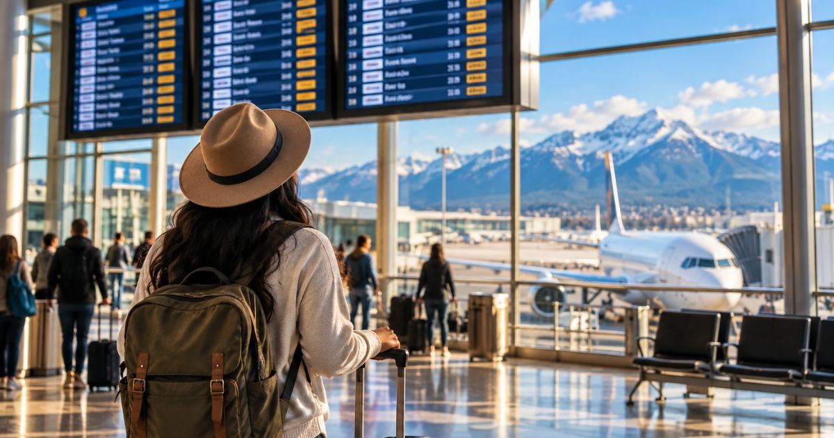 Woman looking up at a departure schedule at the airport