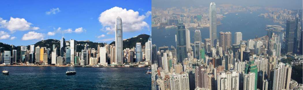 La skyline de Hong Kong vue depuis le port et une vue aérienne panoramique de la ville