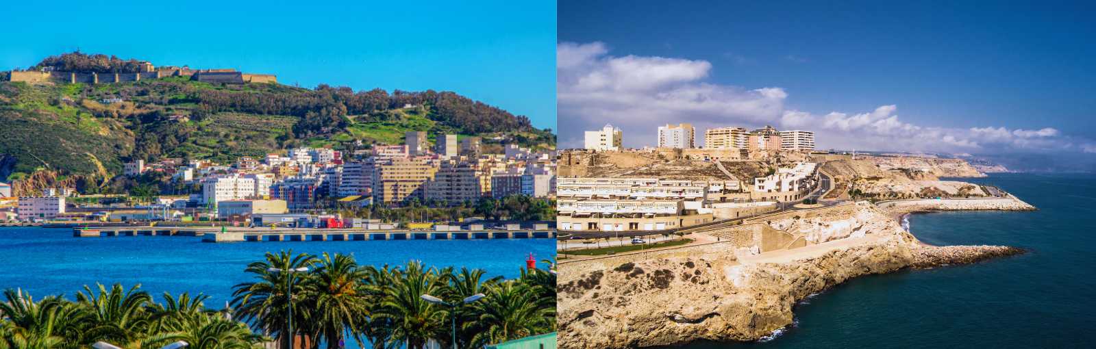Panorámica comparativa de ciudades costeras de España con puerto, acantilados y zonas urbanas junto al mar