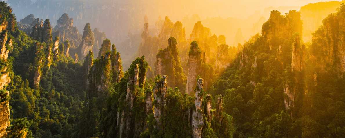 Vista panorámica del Parque Nacional Zhangjiajie con luz dorada entre montañas.