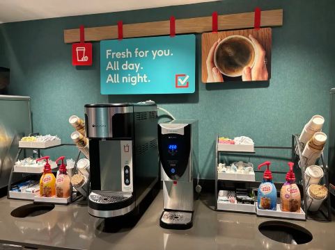 Coffee and beverage station inside an Orlando airport hotel