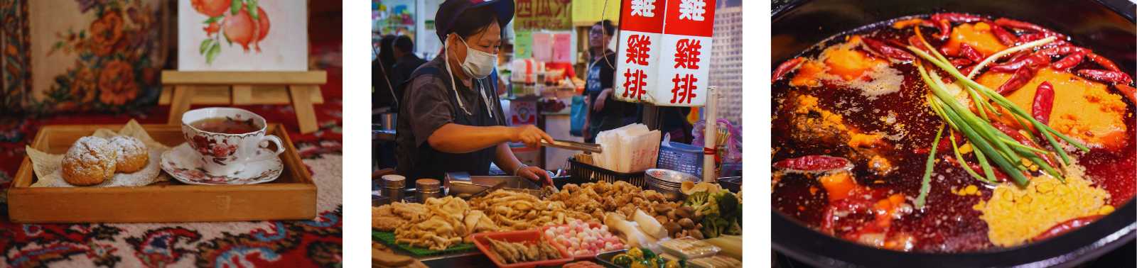 Experiencias gastronómicas en Asia con té y dulces tradicionales, puesto de comida callejera y plato picante típico