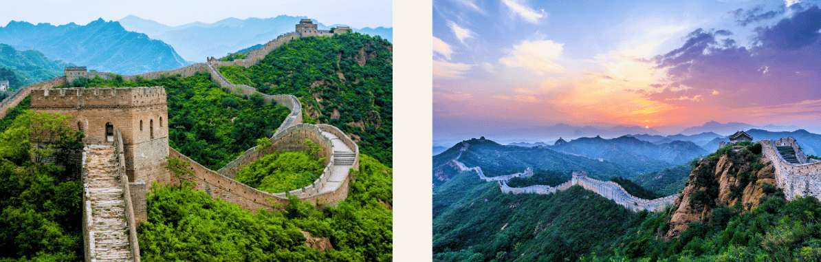 Vista panorámica de la Gran Muralla China atravesando montañas verdes al amanecer