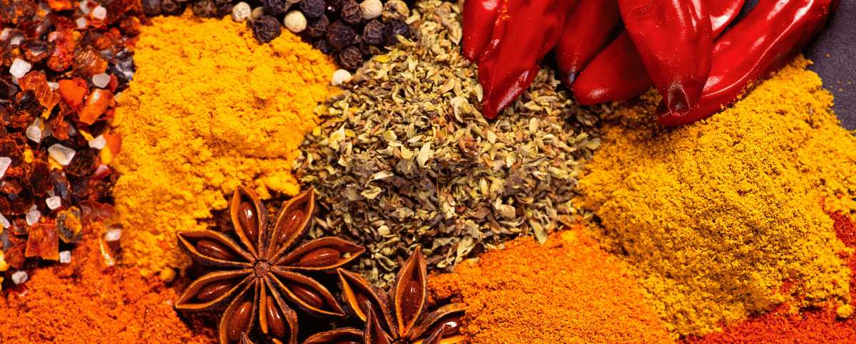 Varietà di spezie in polvere e intere come curcuma, origano, pepe nero, anice stellato e peperoncini rossi