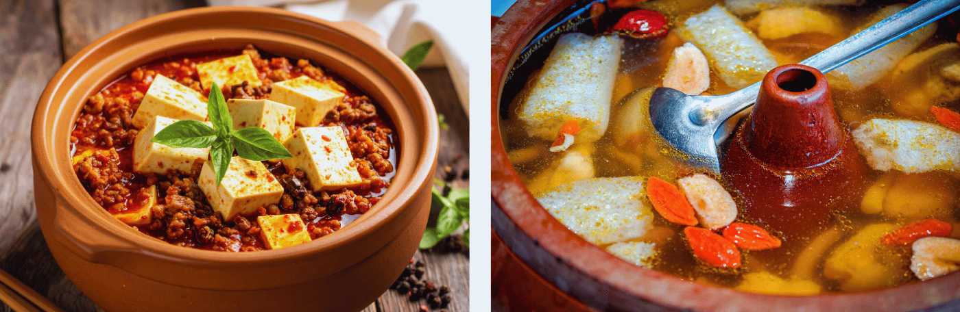 Collage de mapo tofu épicé et de fondue chinoise avec bouillon divisé, deux plats emblématiques de la cuisine régionale