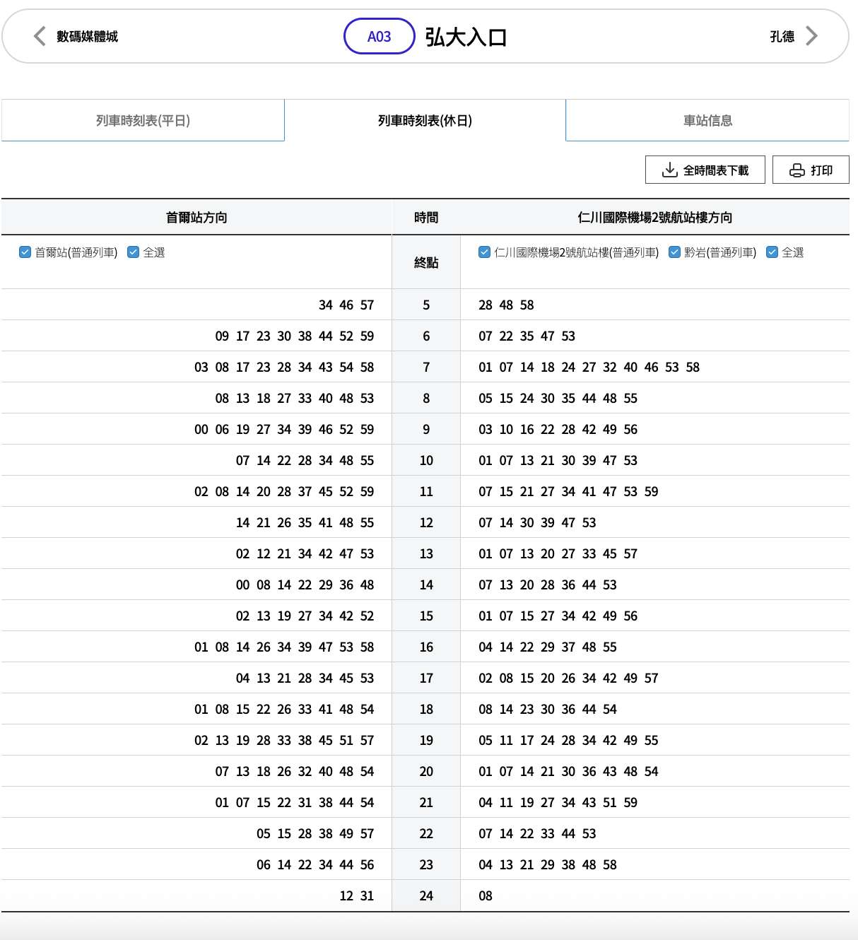 AREX 弘大入口站時刻表 | 假日