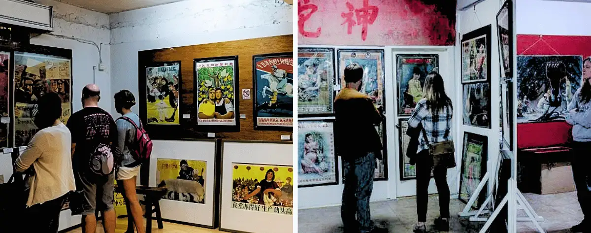 Visitors admiring Chinese propaganda posters at a museum in Shanghai