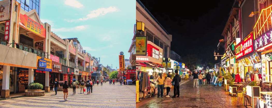 Zona comercial y gastronómica de Guilin con restaurantes, tiendas y puestos de comida local