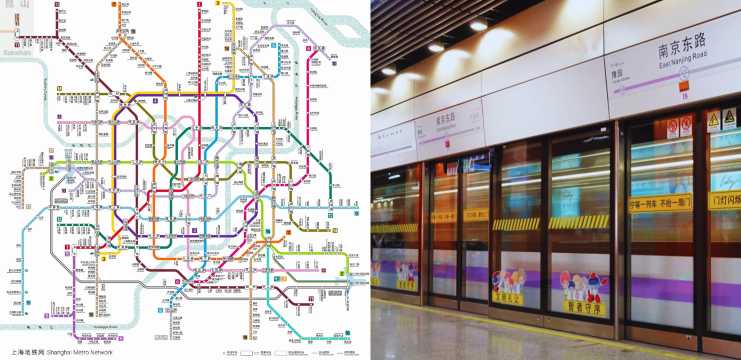 Mapa del metro de Shanghái junto a estación de metro Nanjing Road, transporte público para moverse por la ciudad.