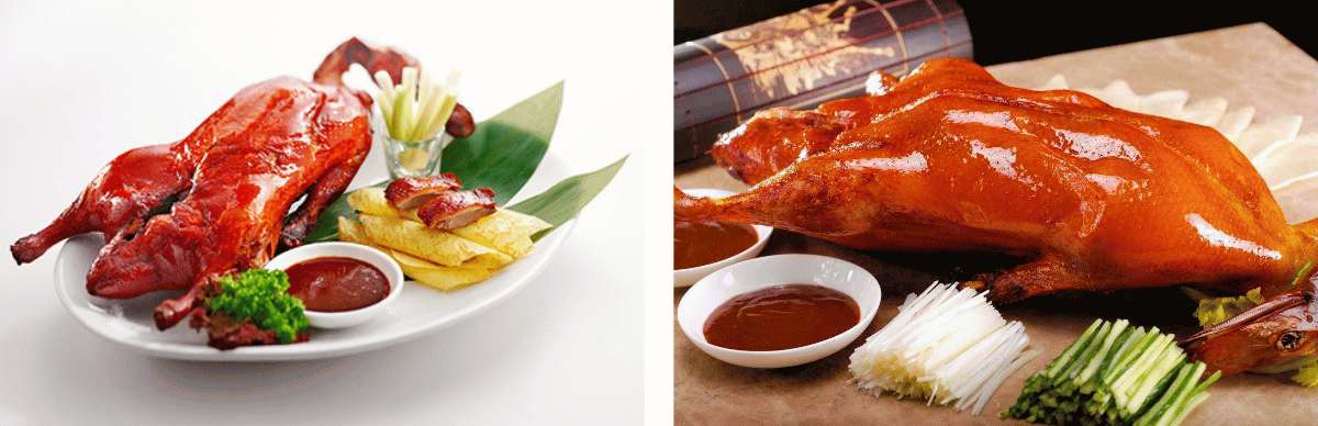 Pato laqueado de Pekín servido con salsa y acompañamientos tradicionales en restaurante chino
