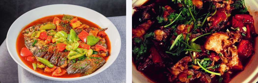 Pescado de río al estilo Guilin acompañado de verduras y especias locales