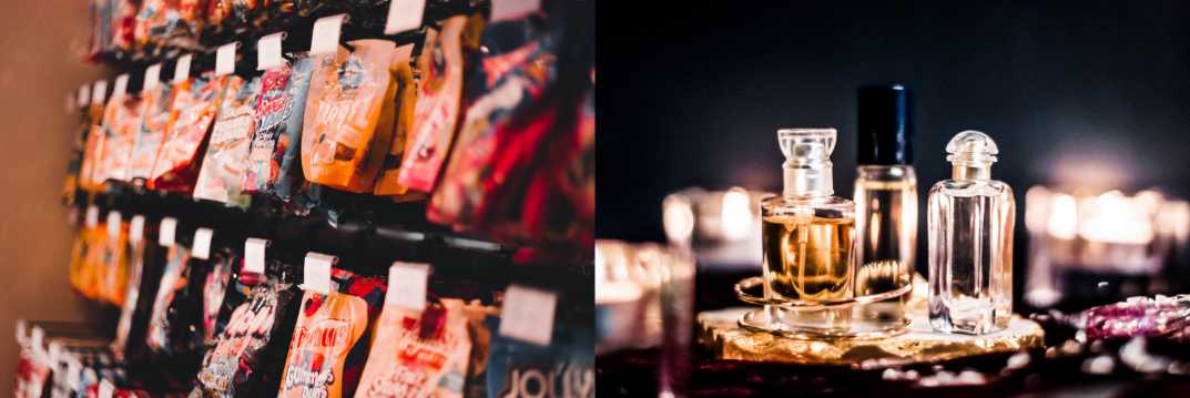 Duty-Free-Shop am Flughafen mit Snack-Regalen und einer exklusiven Auswahl an Luxusparfüms.