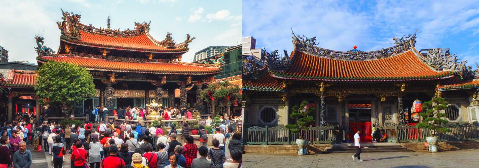 Collage del templo Longshan de Taipéi mostrando su arquitectura tradicional con techos ornamentados y una gran afluencia de visitantes
