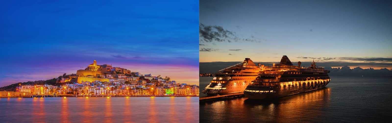 Panorámica de Ibiza al anochecer junto a un crucero iluminado navegando por el mar
