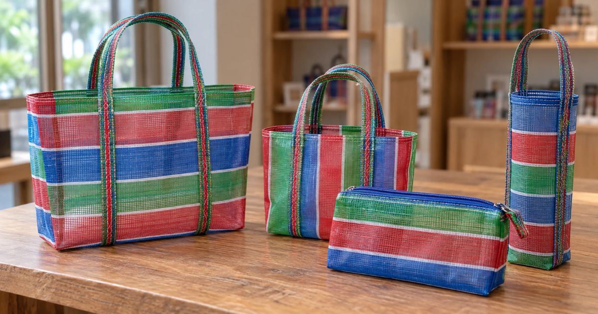 Bolsa tradicional taiwanesa ka-tsì de malla con franjas de colores, acompañada de pequeños accesorios elaborados con el mismo tejido