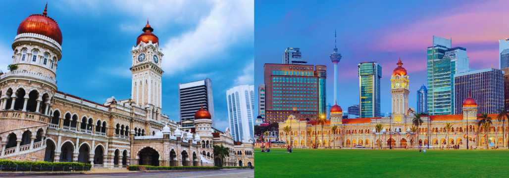 Collage of the Sultan Abdul Samad Building by day and at sunset in the centre of Kuala Lumpur.