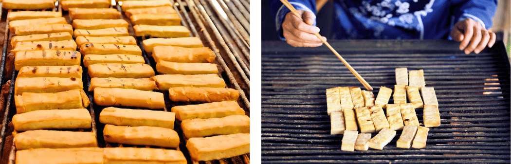 Brochetas de tofu seco y láminas de tofu asadas a la parrilla, un popular snack callejero en Kunming