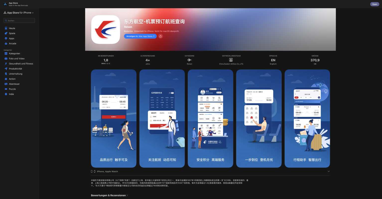 China Eastern Airlands verfügt auch über eigene Apps wie der ffür iOS Geräte