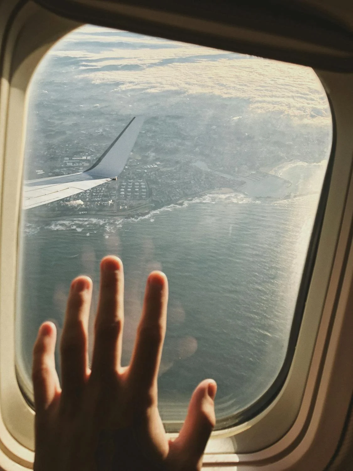 a guy with his hands on the plane window, looking out at the view