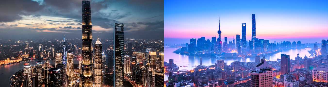 Collage del skyline de Shanghái al atardecer y de noche con rascacielos junto al río Huangpu