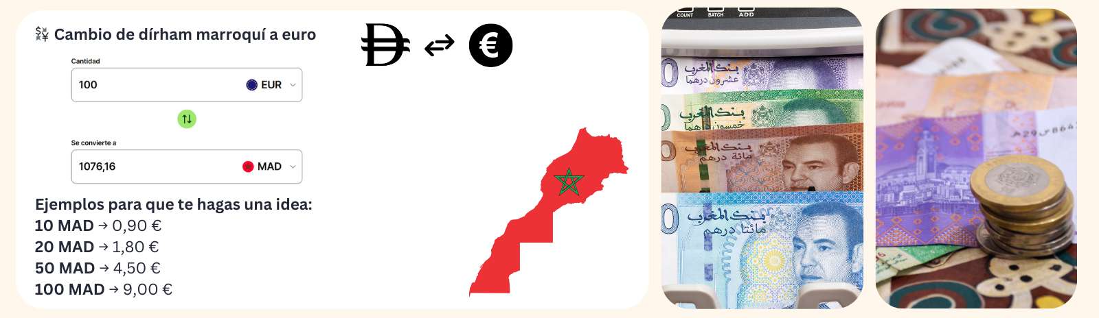 Infografía con el cambio aproximado entre dírham marroquí y euro, con ejemplos de conversión