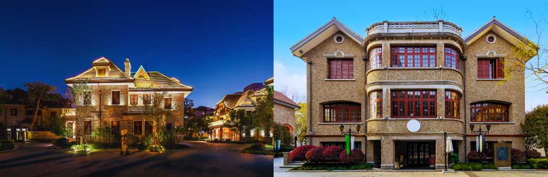 A collage of historic European-style villas in a residential Shanghai neighbourhood, by day and by night