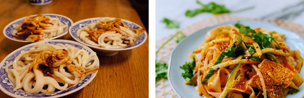 Fideos anchos biang biang con salsa picante y tofu, plato emblemático de Xi’an
