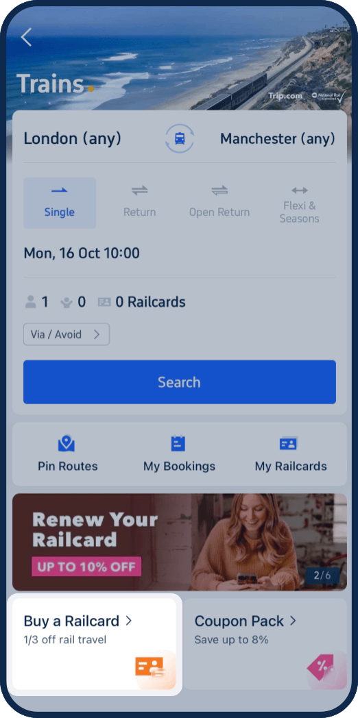 Langkah 2: Tap "Buy a Railcard" at the bottom of the page