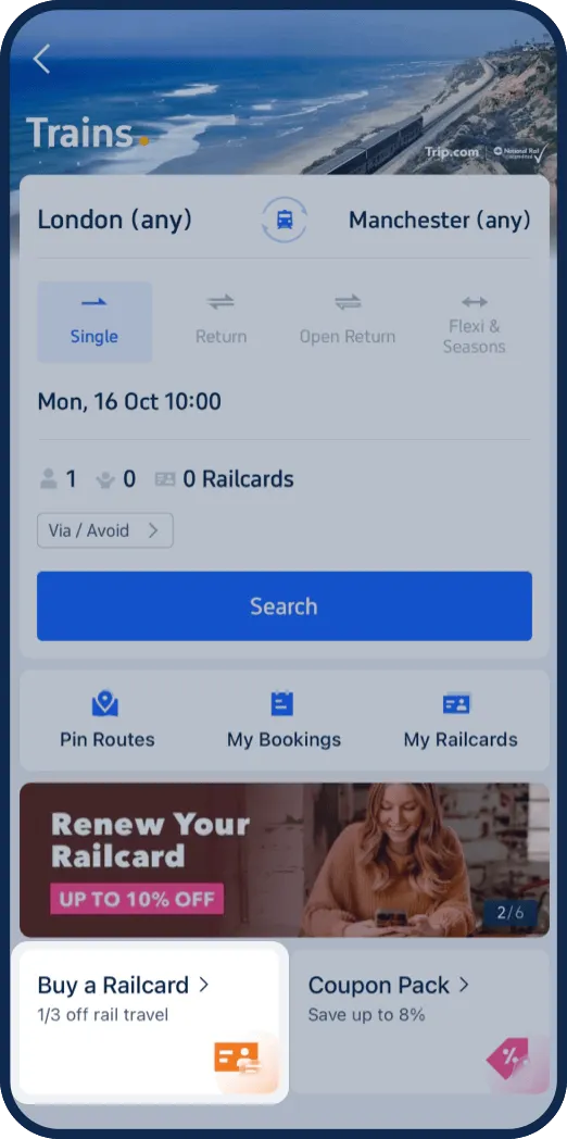 Step 2: Tap "Buy a Railcard" at the bottom of the page