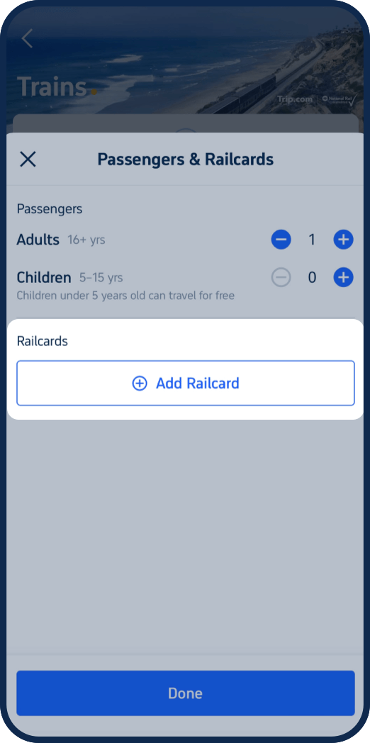 Schritt 6: Make sure to add your Railcard when booking train tickets digitally (or select it if buying tickets physically) to enjoy discounts.