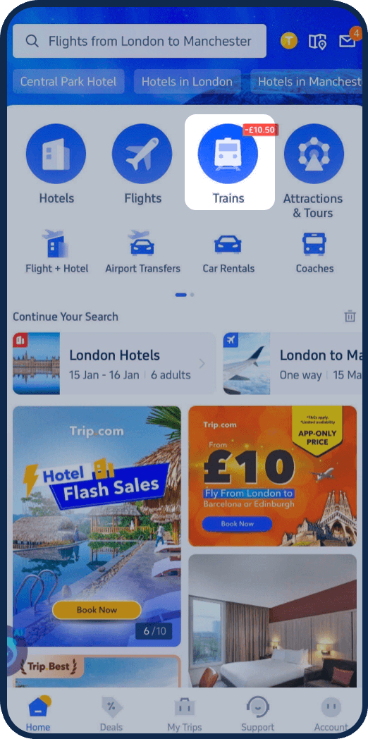 Langkah 1: Open the Trip.com app and tap "Trains" at the top of the homepage