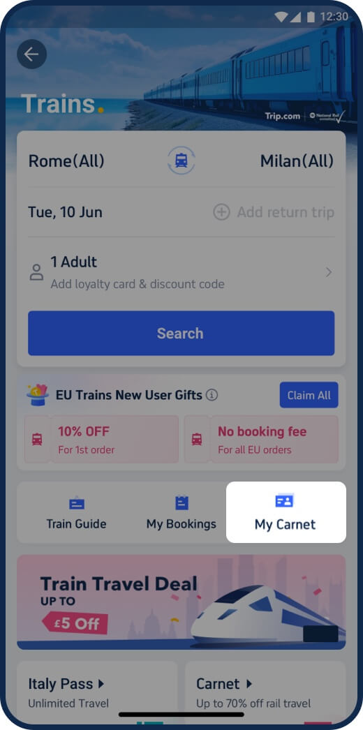 Open the Trip.com app and tap "My Carnet" at the bottom of the homepage