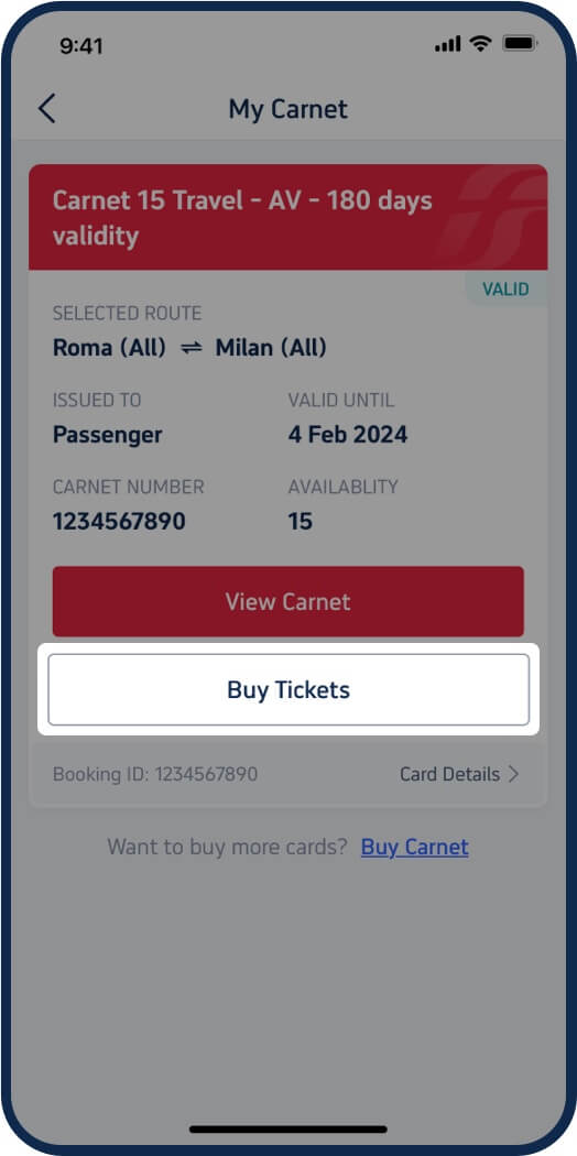 Tap "Buy Tickets" on the Carnet you want to use