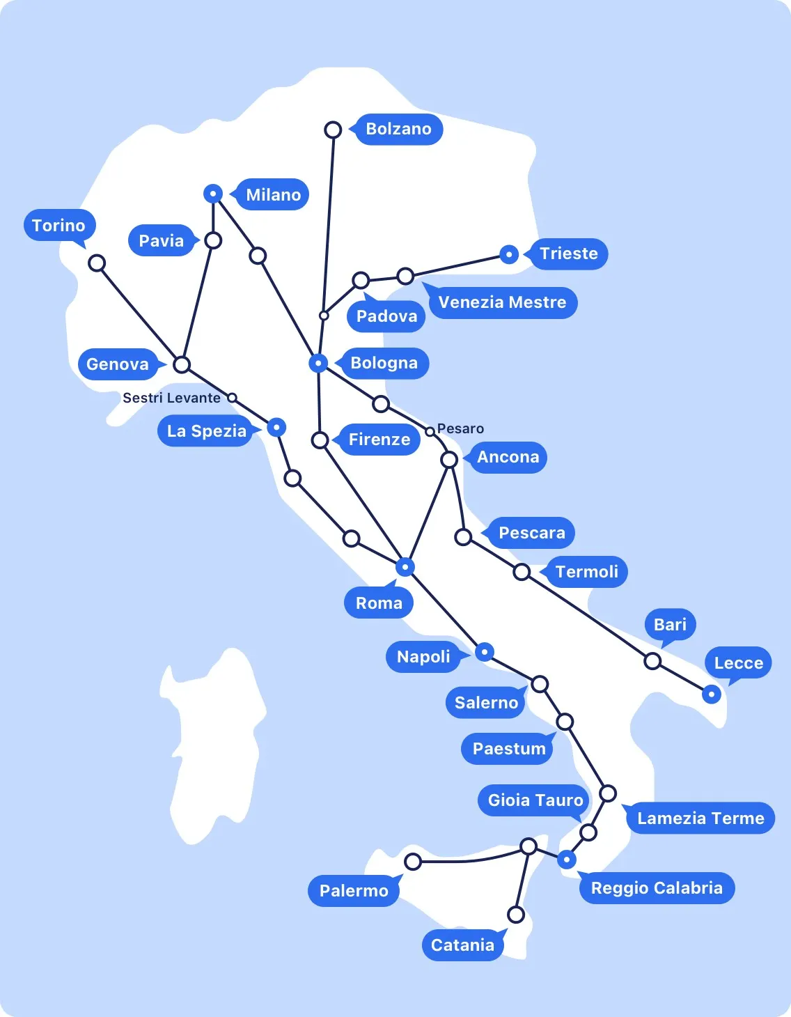 Mappa dei collegamenti Intercity 