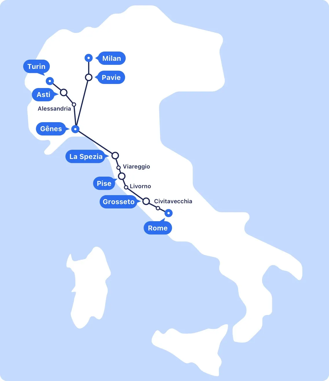 Les itinéraires des trains Frecciabianca