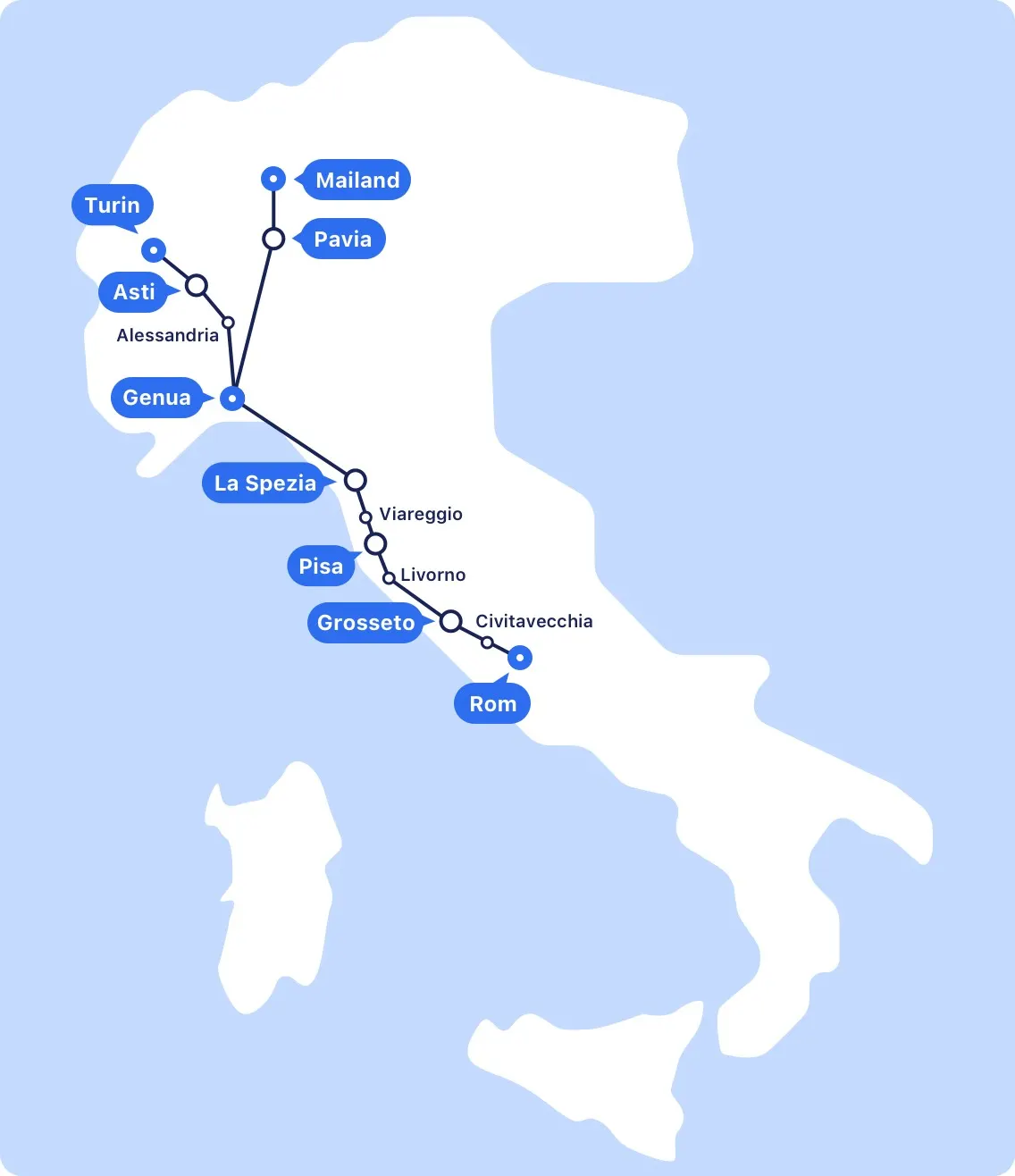 Die wichtigsten Frecciabianca-Zugverbindungen